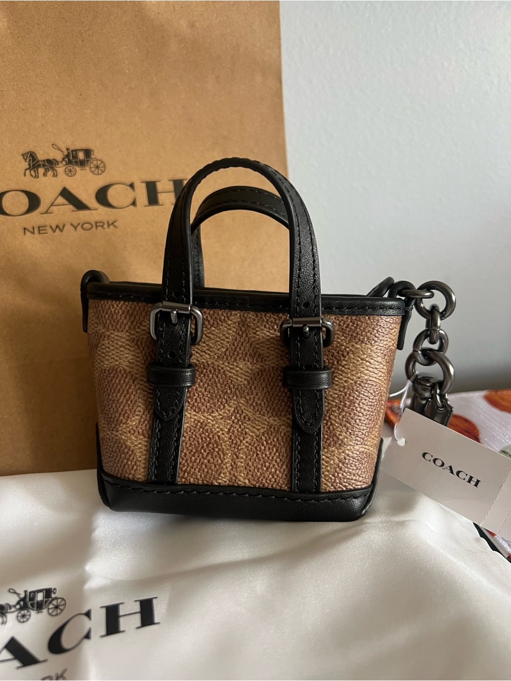 NWT COACH Mini Warner Tote Bag Charm in Signature Canvas Tan & Black & Gunmetal